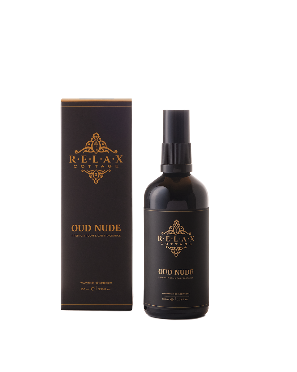 Raumduft Oud Nude als Sprühflasche 100ml mit  schwarz-goldener Verpackung